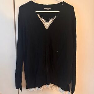 LOFT Black V-Neck Sweater with lace trim